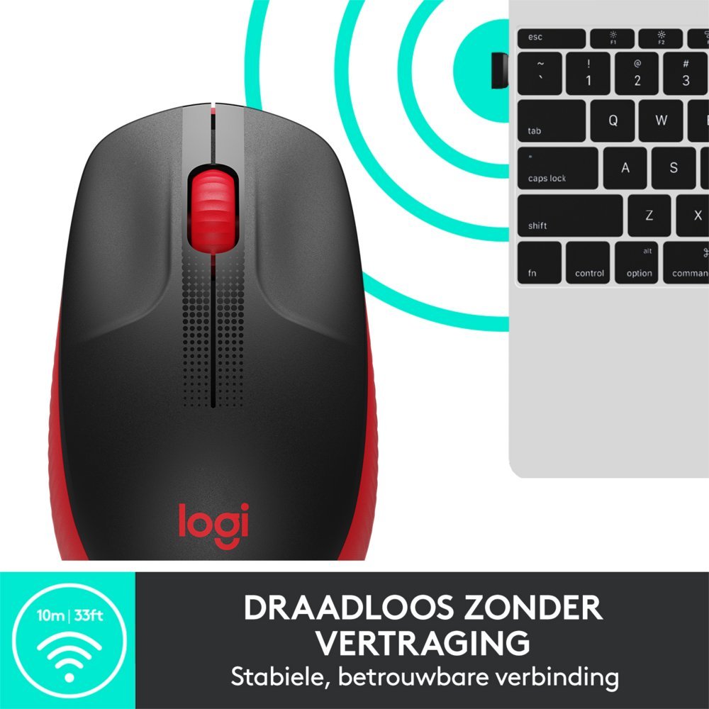 Logitech M190 | Draadloze Muis | Links- en Rechtshandig | RF | 1000 DPI | Zwart/Rood - Afbeelding 4