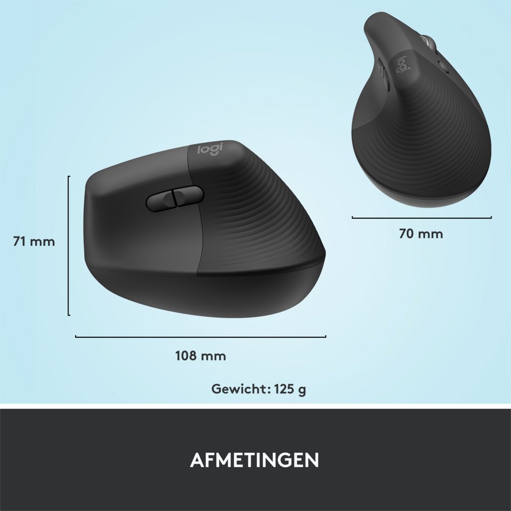 Logitech Lift | Ergonomische Draadloze Muis | Rechtshandig | RF + Bluetooth | 4000 DPI | Grafiet - Afbeelding 13