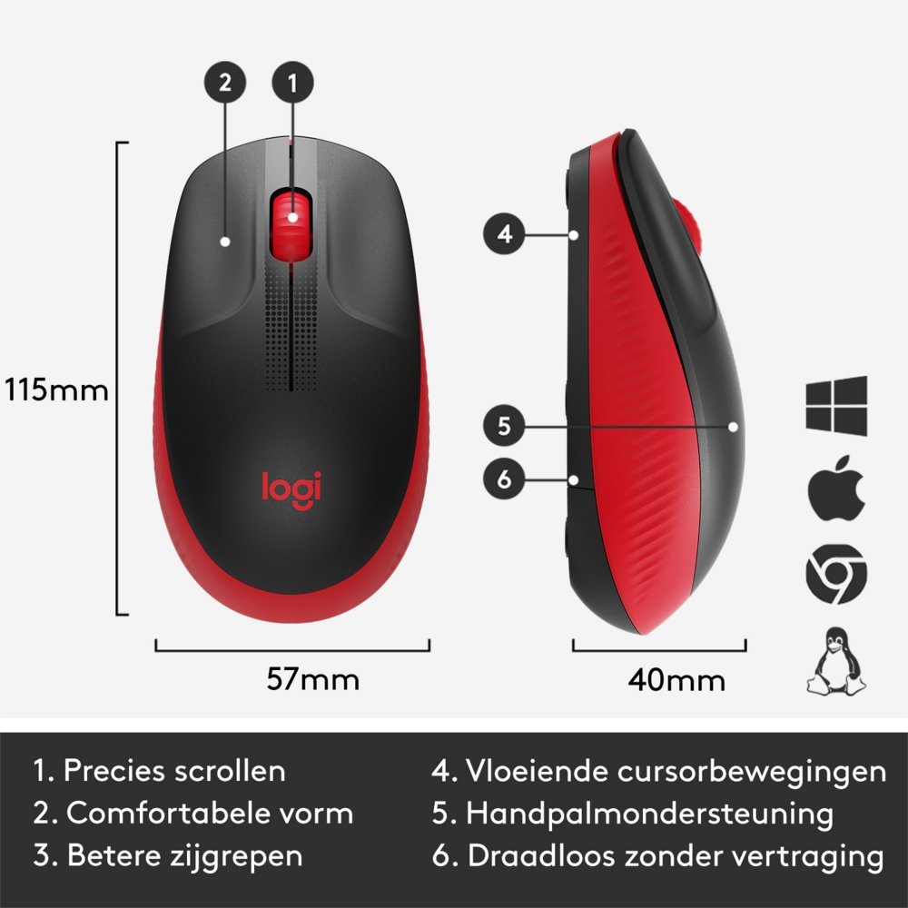 Logitech M190 | Draadloze Muis | Links- en Rechtshandig | RF | 1000 DPI | Zwart/Rood - Afbeelding 6