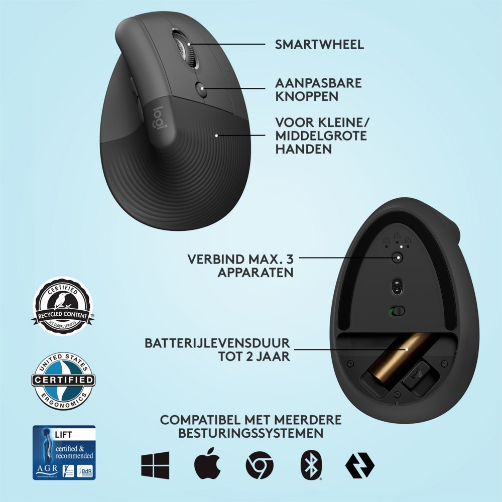 Logitech Lift | Ergonomische Draadloze Muis | Rechtshandig | RF + Bluetooth | 4000 DPI | Grafiet - Afbeelding 10