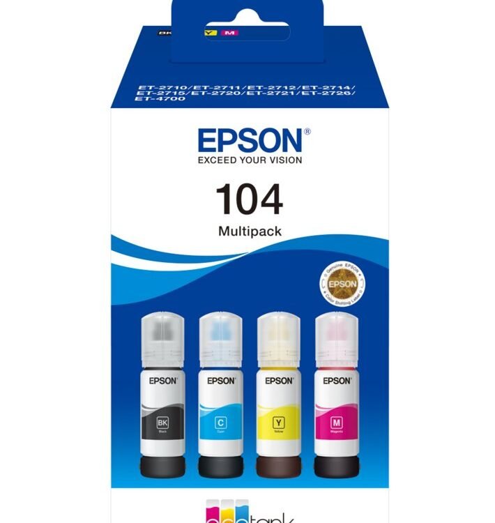 Epson 104 EcoTank Inktfles Multipack | Kleuren: Zwart, Cyaan, Magenta, Geel | Compatibel met Epson EcoTank-printers