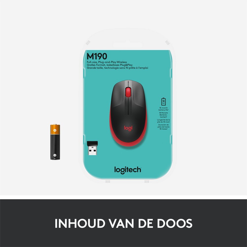 Logitech M190 | Draadloze Muis | Links- en Rechtshandig | RF | 1000 DPI | Zwart/Rood - Afbeelding 7