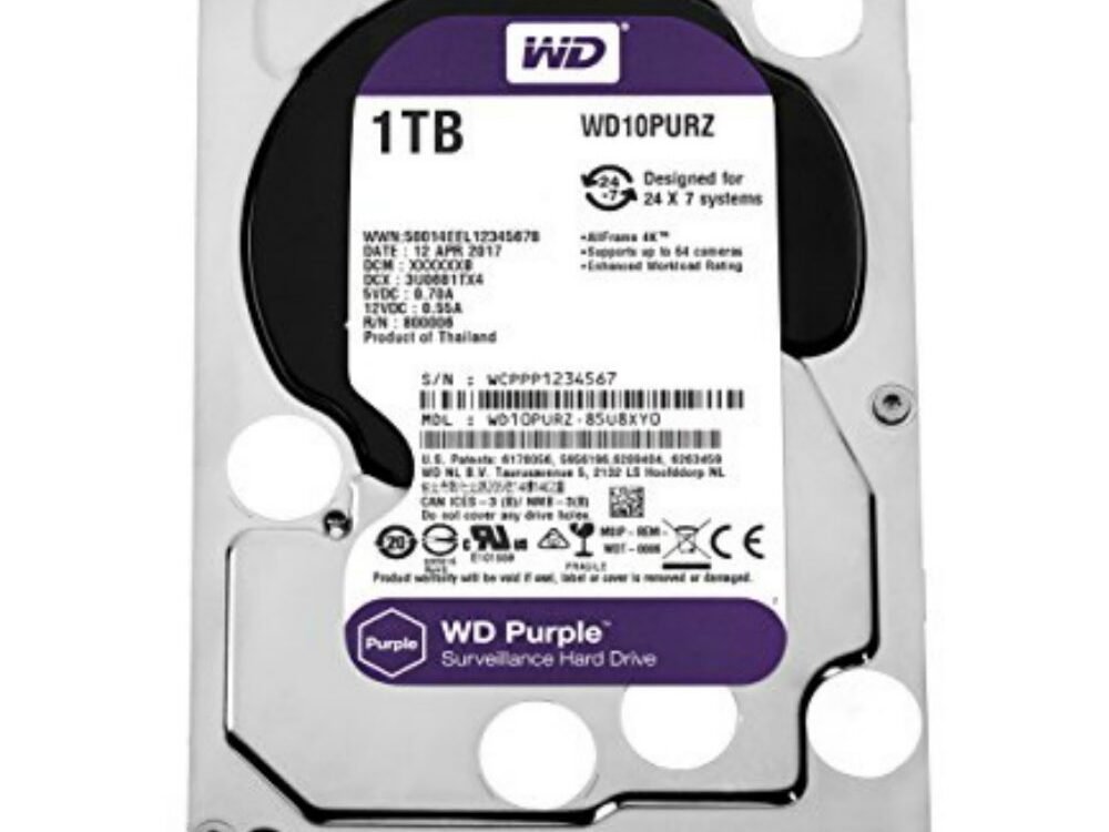 Western Digital Purple | 1000GB (1TB) 3.5" HDD | SATA III | 5400 rpm | Voor Surveillance