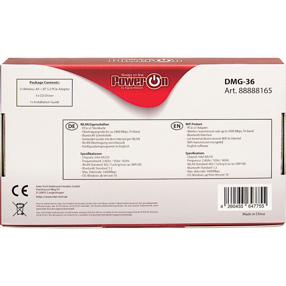 Inter-Tech DMG-36 Interne Adapter | WLAN: 802.11 a/b/g/n/ac/ax (Wi-Fi 6E) | Tot 5400 Mbit/s | Bluetooth 5.2 - Afbeelding 5