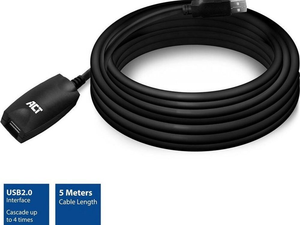 ACT AC6005 | USB 2.0 Signaalversterker | USB-A naar USB-A | 5m | Zwart