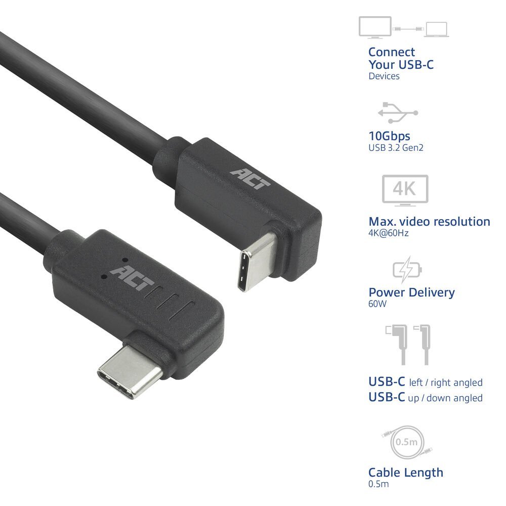 ACT AC7480 | USB 3.2 Gen 2 Kabel | USB-C (haaks links/rechts) naar USB-C (haaks boven/beneden) | 60W | 10Gbps | 0,5m | Zwart - Afbeelding 4