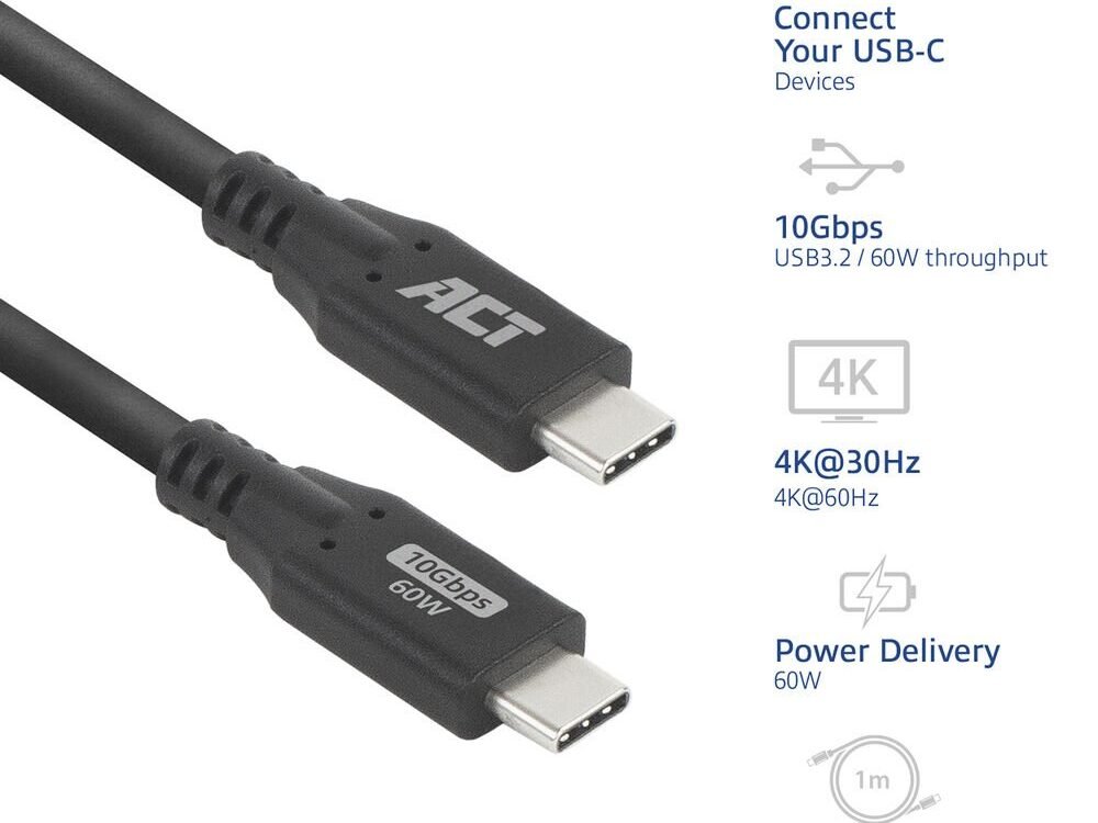 ACT | USB 3.0 Kabel | 10Gbps | 60W | USB-C naar USB-C | 1m | Zwart
