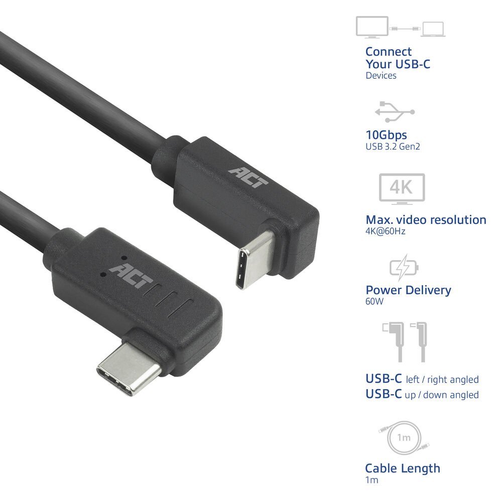 ACT AC7481 | USB 3.2 Gen 2 Kabel | USB-C (haaks links/rechts) naar USB-C (haaks boven/beneden) | 60W | 10Gbps | 1m | Zwart - Afbeelding 7