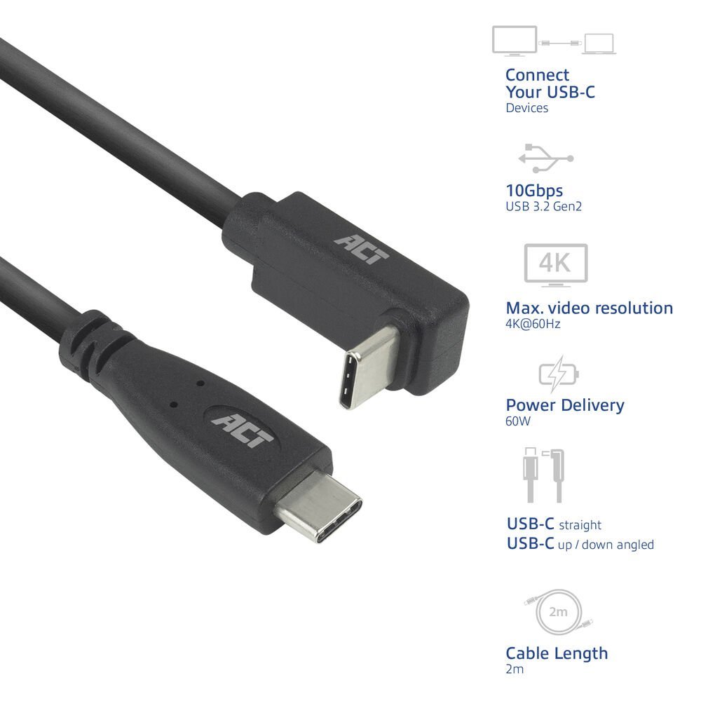 ACT AC7472 | USB 3.2 Gen 2 Kabel | USB-C (recht) naar USB-C (haaks boven/beneden) | 60W | 10Gbps | 2m | Zwart - Afbeelding 7