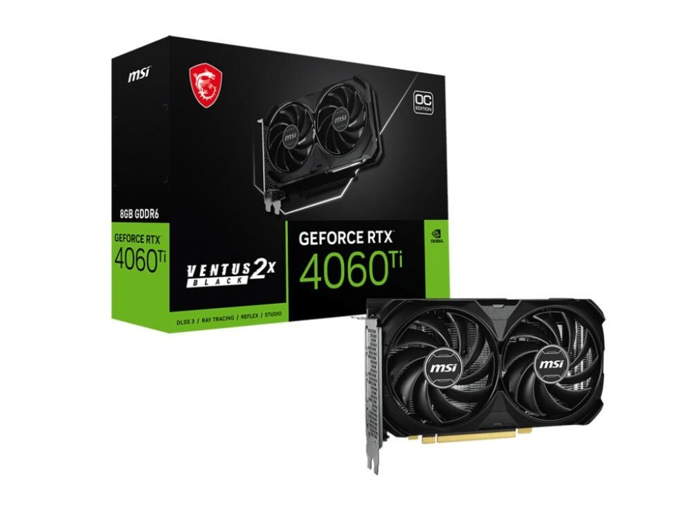 MSI GeForce RTX 4060 Ti VENTUS 2X BLACK E1 OC | 8GB GDDR6 VRAM | Videokaart | GPU | Nvidia