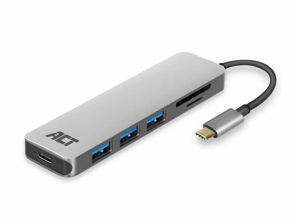 ACT AC7050 | 3-Poorts USB-C Hub | Kaartlezer | Zilver
