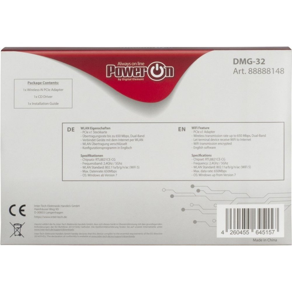 Inter-Tech DMG-32 | Interne WLAN-adapter | PCIe x1 | Wi-Fi 5 (802.11ac) | Dual-band 2,4 & 5 GHz | 650 Mbps | 2x 2dBi antennes - Afbeelding 5