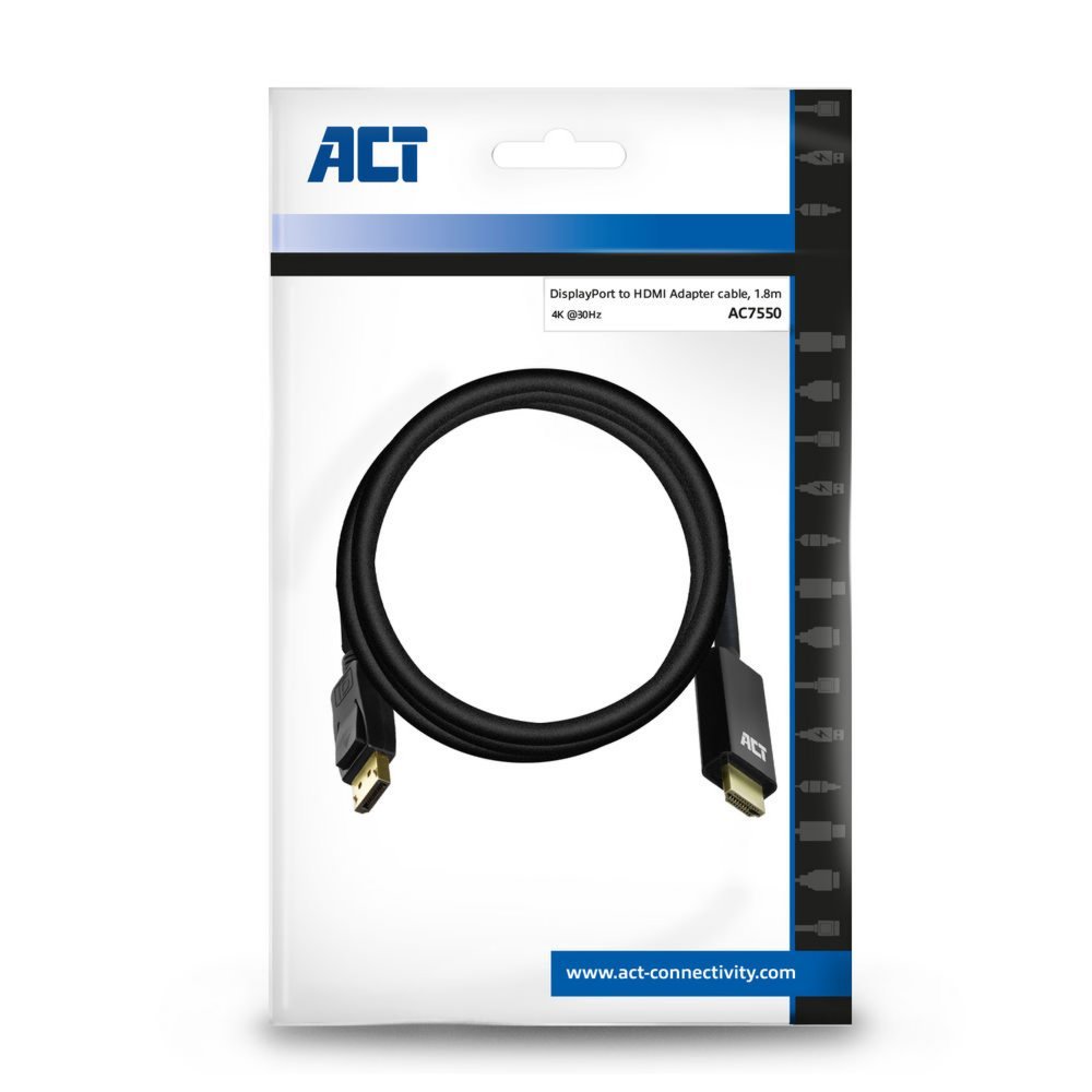 ACT AC7550 | DisplayPort naar HDMI Kabel | 1,8 m | Zwart - Afbeelding 2