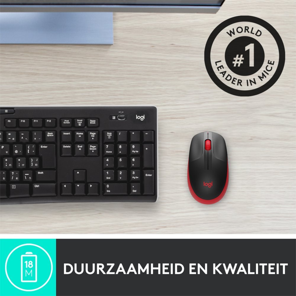 Logitech M190 | Draadloze Muis | Links- en Rechtshandig | RF | 1000 DPI | Zwart/Rood - Afbeelding 5