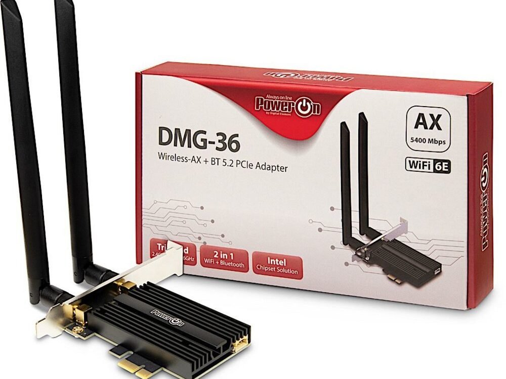 Inter-Tech DMG-36 Interne Adapter | WLAN: 802.11 a/b/g/n/ac/ax (Wi-Fi 6E) | Tot 5400 Mbit/s | Bluetooth 5.2