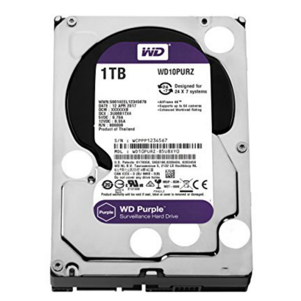 Western Digital Purple | 1000GB (1TB) 3.5" HDD | SATA III | 5400 rpm | Voor Surveillance