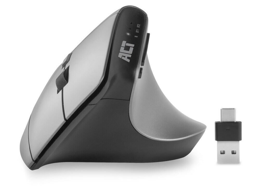 ACT AC5155 | Ergonomische Draadloze Muis | RF-Draadloos + Bluetooth | USB-A en USB-C Receiver | 2400 DPI | Zilver/Zwart