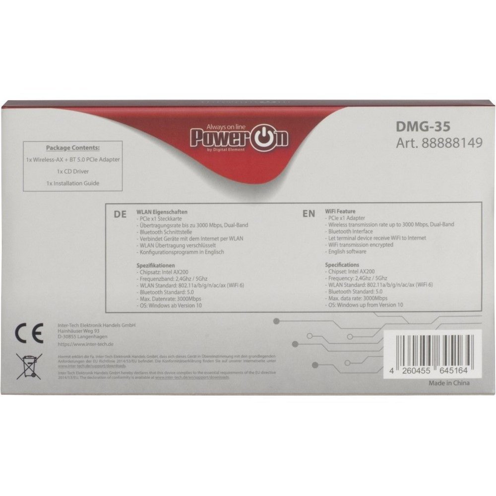 Inter-Tech DMG-35 | Wi-Fi 6 & Bluetooth 5.0 PCIe Adapter | 3000 Mbps | Dual-band (2,4 GHz / 5 GHz) | Intel AX200 Chipset | PCIe x1 - Afbeelding 7