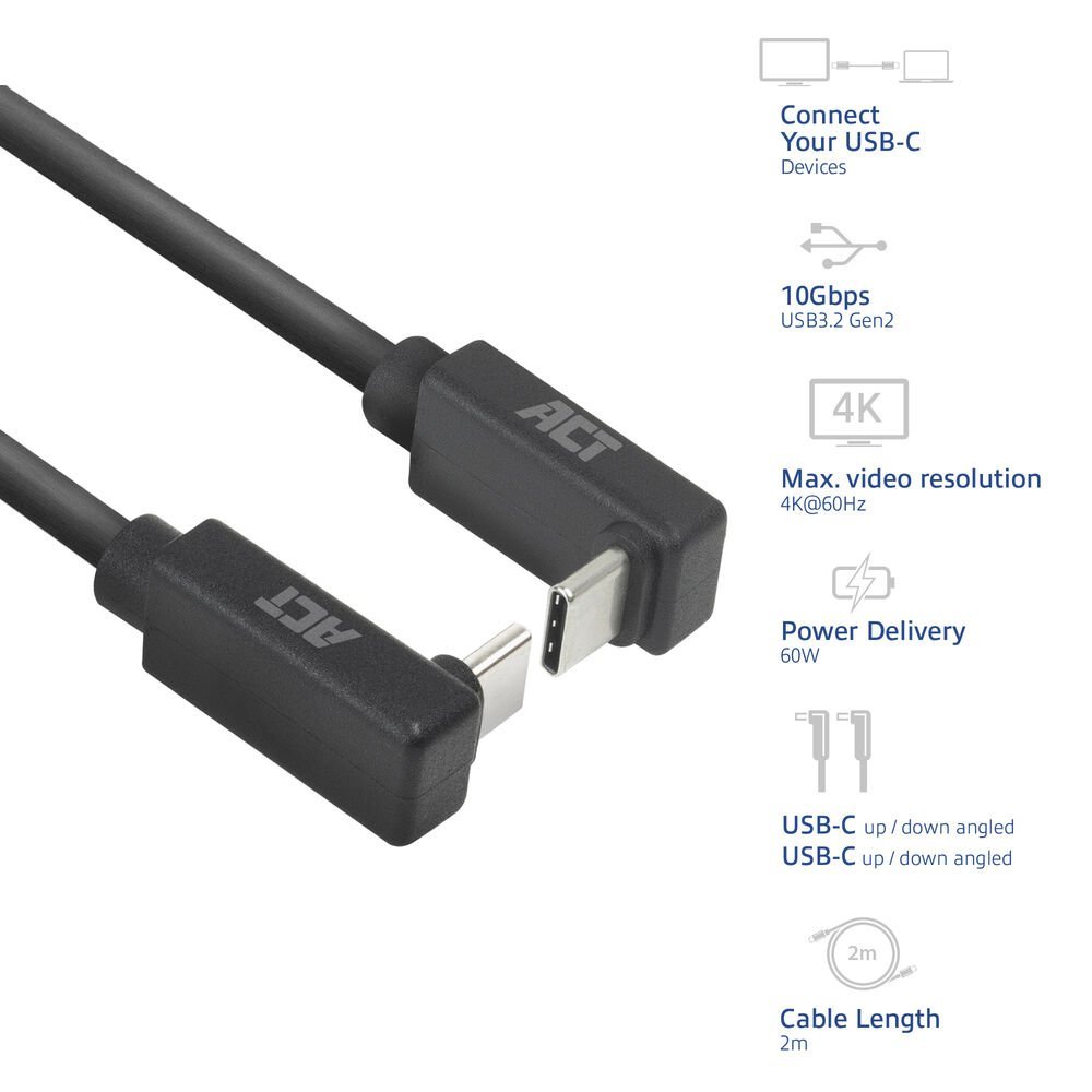 ACT AC7478 | USB 3.2 Gen 2 Kabel | USB-C (haaks boven/beneden) naar USB-C (haaks boven/beneden) | 60W | 10Gbps | 2m | Zwart - Afbeelding 7