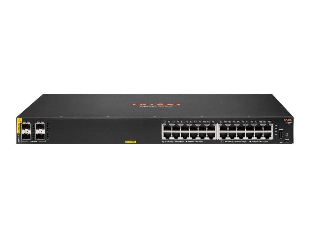 HPE Aruba 6000 24G PoE Switch | Managed L2 | 24 Poorten | Gigabit Ethernet | 4x SFP | 370W PoE Budget | 1U Rackmount