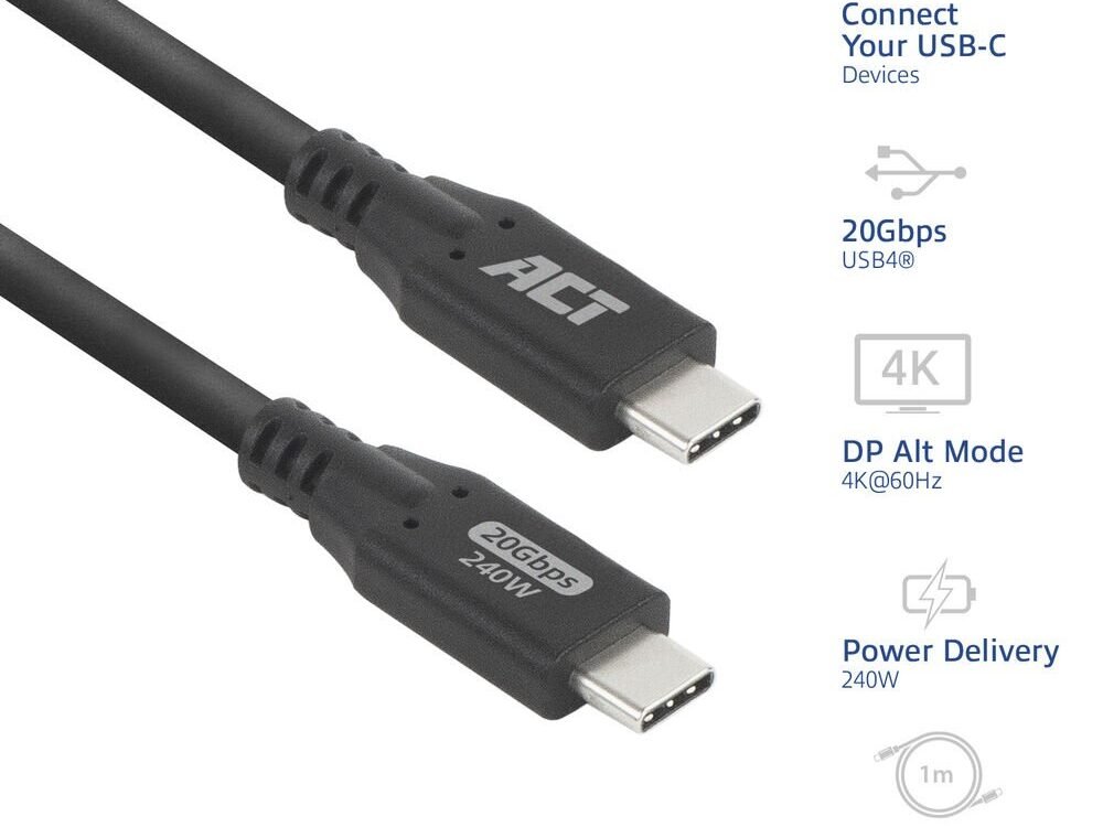 ACT | USB4 Kabel | 20Gbps | 240W | USB-C naar USB-C | 1m | Zwart