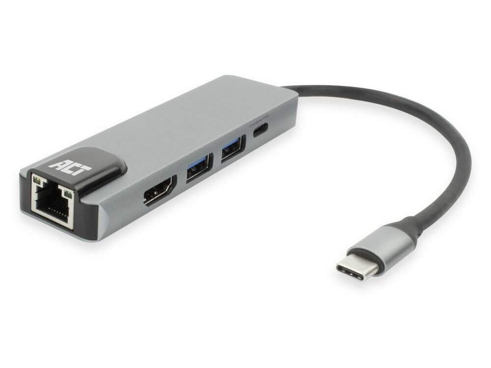 ACT AC7091 | USB-C 4K Docking Station | HDMI 2.0 (4K@60 Hz) + Gigabit Ethernet + 2× USB-A + USB-C PD Pass-Through | Aluminium | Grijs/Zilver