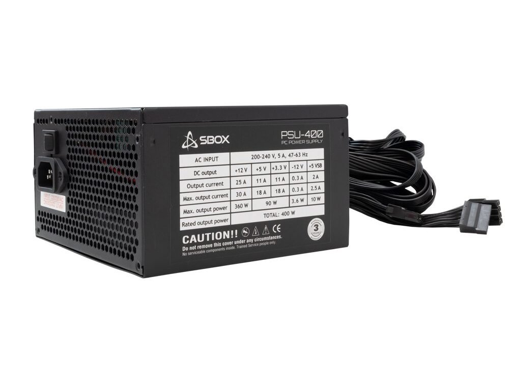 SBOX Voeding | 400W | 120 mm Fan | 140 mm Lengte | 24-pin + 4/8-pin CPU | 3× SATA | PCI-E 6-pin | Molex | Zwart Metaal | RETAIL