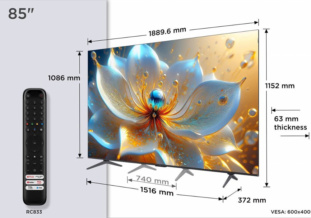 TCL 85T8C | 85" 4K Ultra HD QD-MiniLED | 144Hz | Google TV | Dolby Vision | HDMI 2.1 | Smart TV - Afbeelding 4