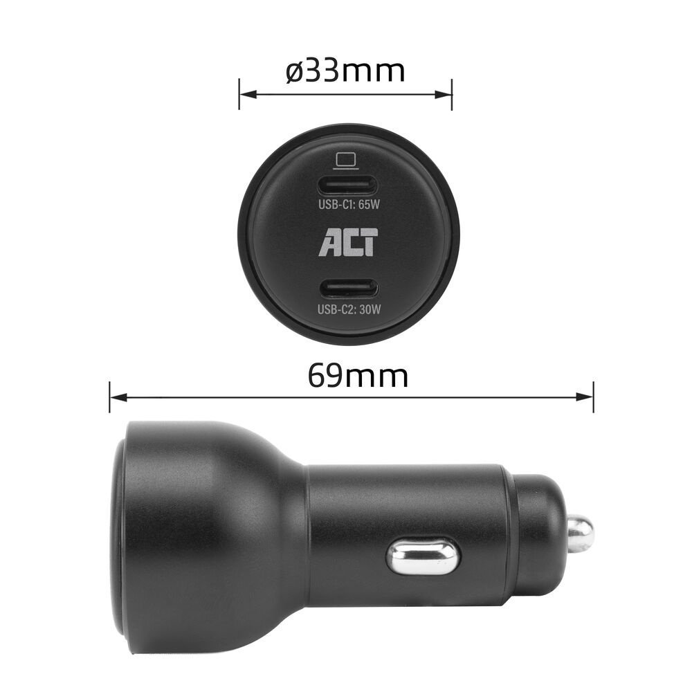 ACT AC2210 | 2 Poorts USB-C Autolader 95W | Power Delivery PPS & Quick Charge 5 | GaNFast - Afbeelding 3