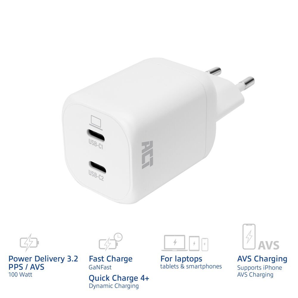 ACT AC2175 | 100W USB-C-lader | 2× USB-C | Power Delivery 3.2 | PPS & AVS | GaNFast - Afbeelding 3